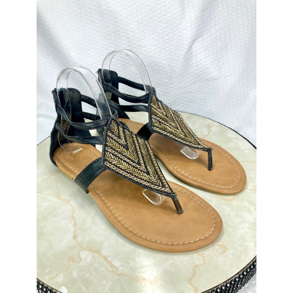 Etc! Beaded Chevron Gladiator Thong Sandals Womens 8/9 Brown Boho Summer Flats